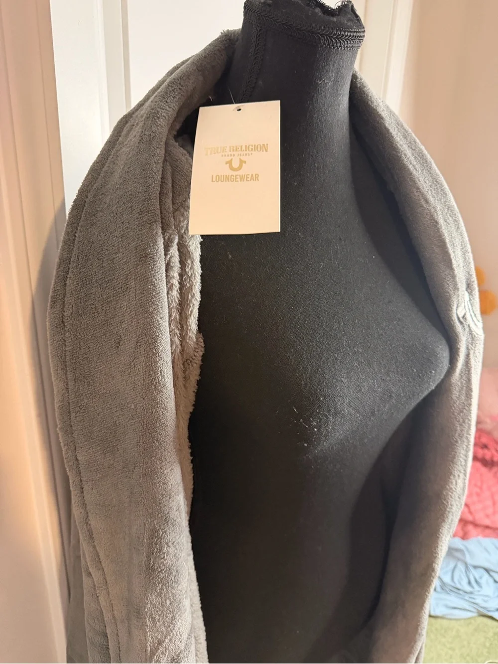 True Religion Plush Gray Shawl-Collar Robe with Belt
